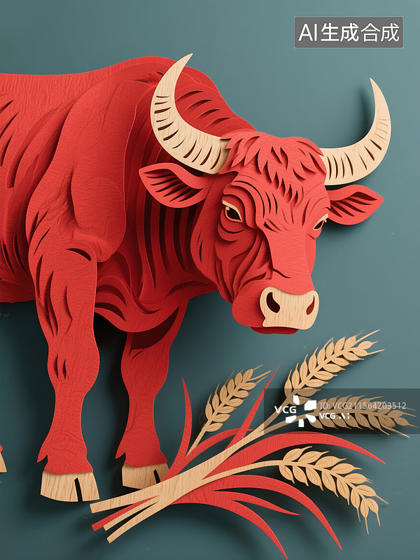 【AI数字艺术】非遗文化艺术十二生肖剪纸插画牛年健壮红牛守护丰收传统艺术与现代极简主义图片素材