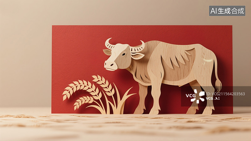 【AI数字艺术】非遗文化艺术十二生肖剪纸插画牛年中国新年设计中威武红牛守护金色稻穗丰收传统艺术与极简主义商业背景图片素材