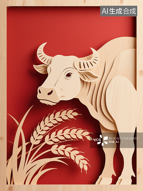 【AI数字艺术】非遗文化艺术十二生肖剪纸插画牛年中国新年设计中威武红牛守护金色稻穗丰收传统艺术与极简主义商业背景图片素材