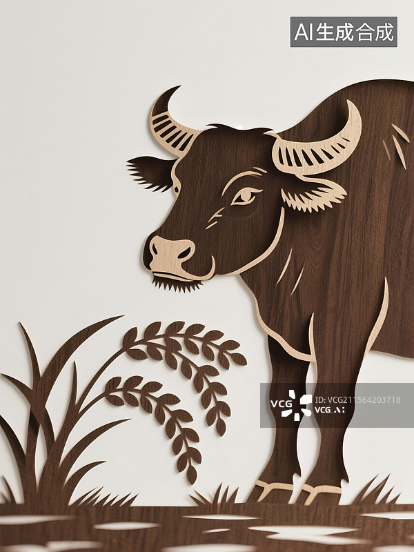 【AI数字艺术】非遗文化艺术十二生肖剪纸插画牛年牛剪纸插画迎新年守护金色稻穗丰收传统艺术与极简主义商业图片素材