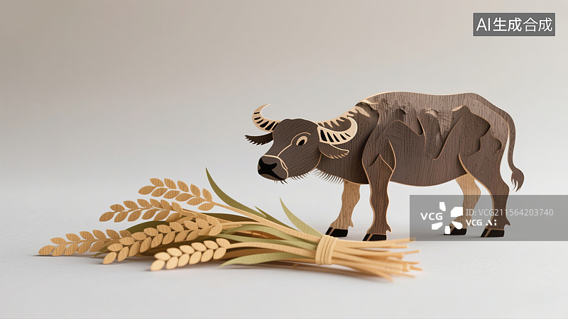 【AI数字艺术】非遗文化艺术十二生肖剪纸插画牛年牛剪纸插画迎新年守护金色稻穗丰收传统艺术与极简主义商业图片素材