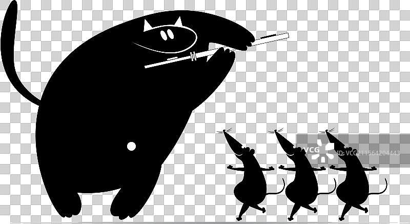 狡猾的猫在吹笛子，跳舞的老鼠们图片素材