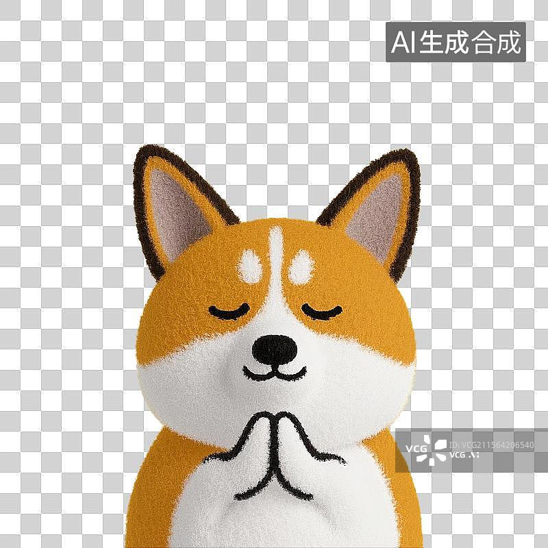 【AI数字艺术】治愈系手绘插画，双手合十，许愿的小狗，柯基犬，宠物狗，佛系宠物狗，祈福，祈祷，免抠元素图片素材