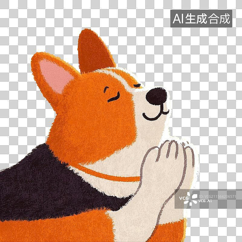 【AI数字艺术】治愈系手绘插画，双手合十，许愿的小狗，柯基犬，宠物狗，佛系宠物狗，祈福，祈祷，免抠元素图片素材