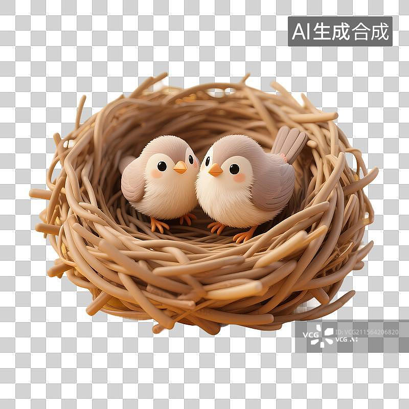 【AI数字艺术】3D渲染，鸟巢，鸟窝，鸟蛋，小鸟，免抠元素图片素材