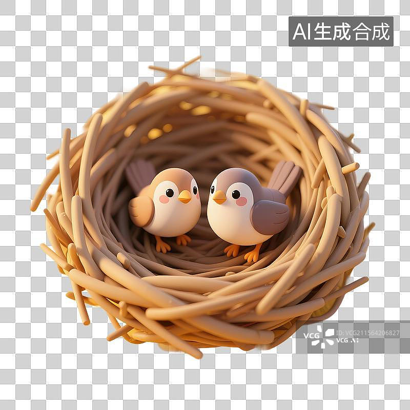 【AI数字艺术】3D渲染，鸟巢，鸟窝，鸟蛋，小鸟，免抠元素图片素材