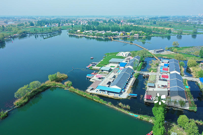 浩瀚银波展画卷，蒹葭摇曳碧连天。雁鹭低旋云影动，蛙鼓悠扬荷香艳。快艇犁开千顷碧，渔舟鸬鹚鸟飞旋。图片素材