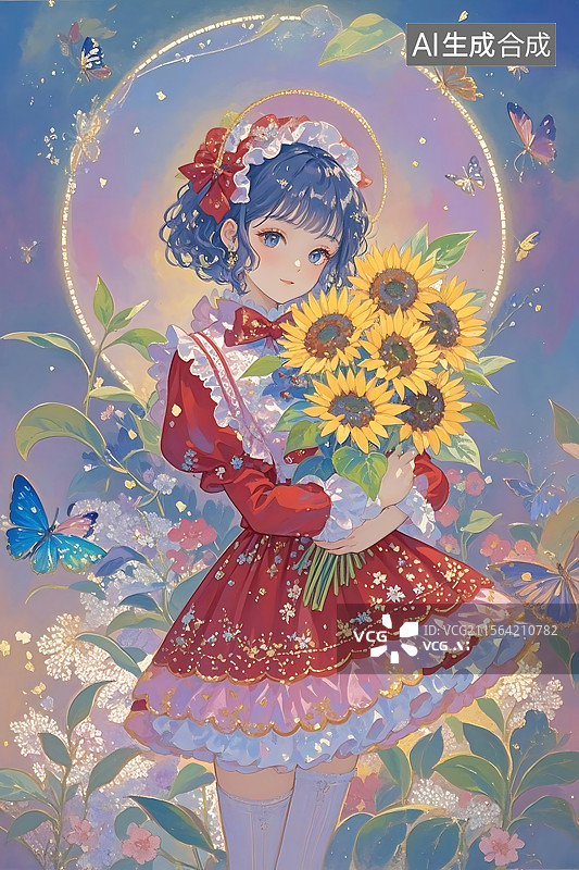 【AI数字艺术】梦幻少女与向日葵图片素材