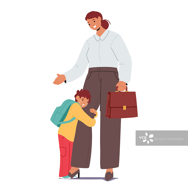 幼儿园男孩哭泣，抱着妈妈的腿，感到不安图片素材