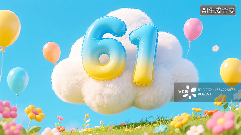 【AI数字艺术】儿童节可爱的毛绒云朵上的数字61气球图片素材