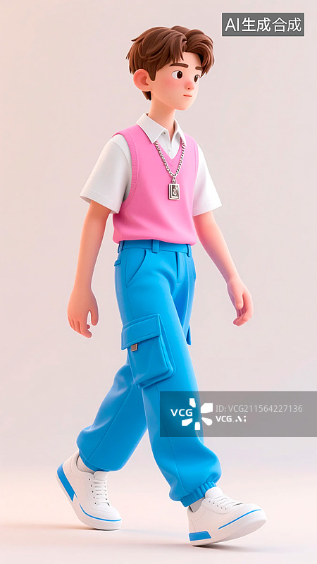 【AI数字艺术】3D行走的夏季潮流服装时尚男孩图片素材