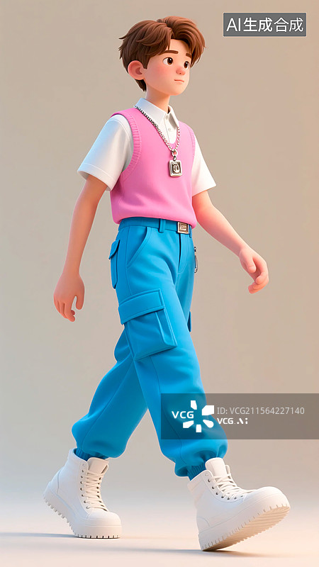 【AI数字艺术】3D行走的夏季潮流服装时尚男孩图片素材