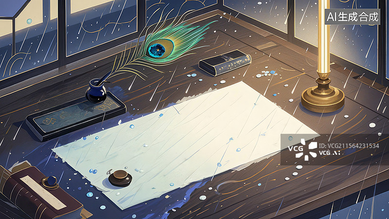 【AI数字艺术】雨夜书桌上的羽毛与纸张图片素材