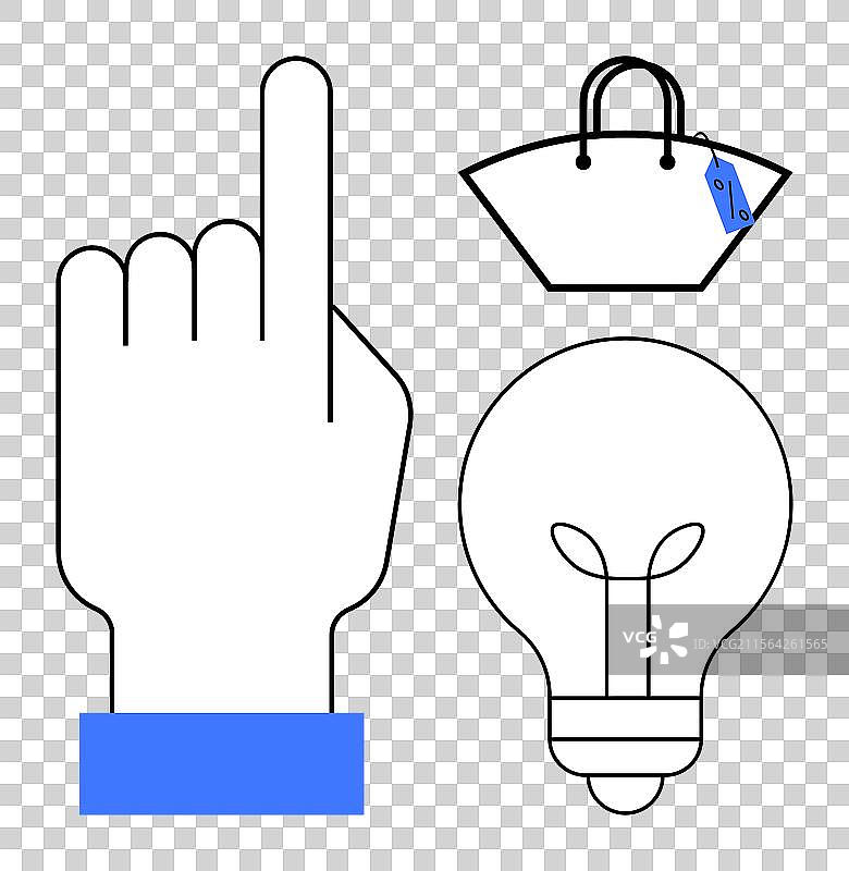 手势指向购物袋和灯光图片素材