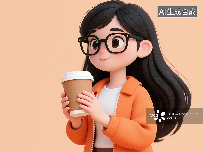 【AI数字艺术】手持咖啡杯的卡通女孩图片素材