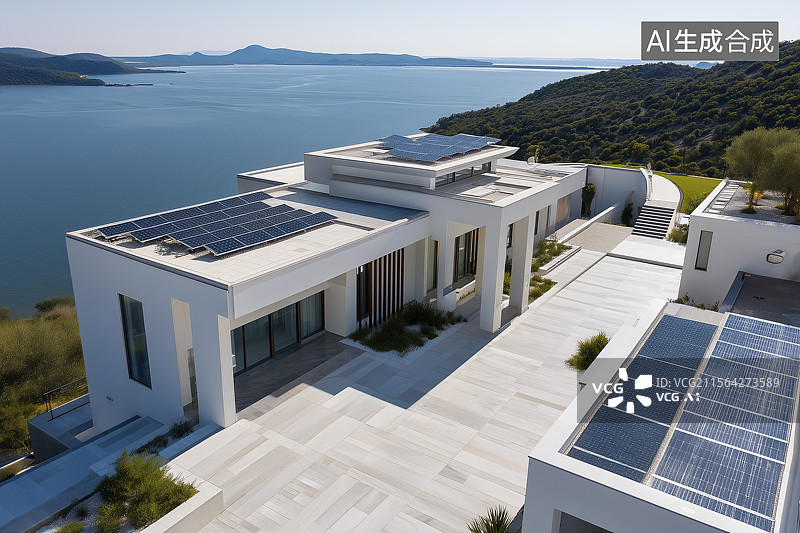 【AI数字艺术】海边别墅太阳能光伏发电面板图片素材