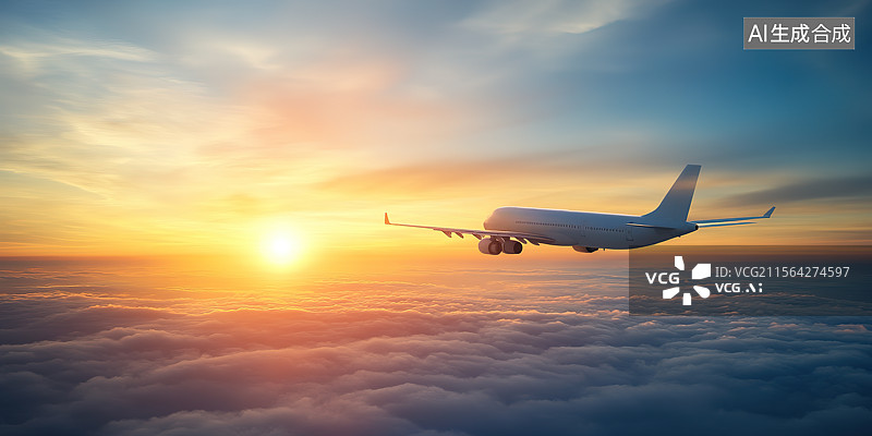 【AI数字艺术】商用飞机翱翔在黄昏云海中图片素材