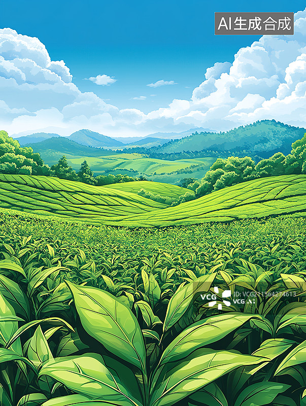 【AI数字艺术】夏天的茶园茶树低视角风景插画图片素材