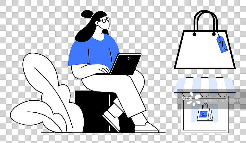 使用笔记本电脑在线购物的顾客浏览零售店图片素材