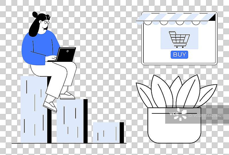 在上升的柱状图上工作的女性与笔记本电脑图片素材