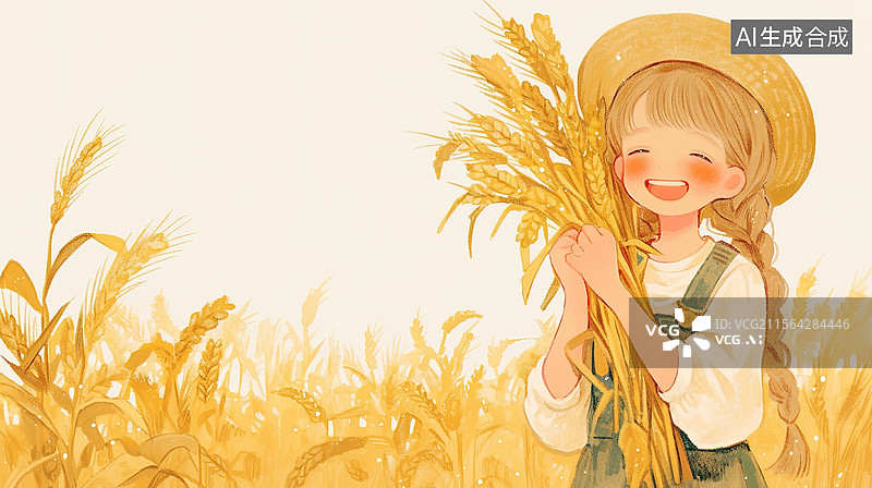 【AI数字艺术】芒种节气；一个女孩在金黄的麦田里拿着麦穗；丰收的喜悦图片素材