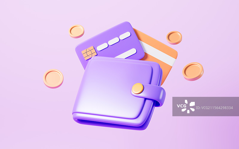 卡通钱包和银行卡3D渲染图片素材