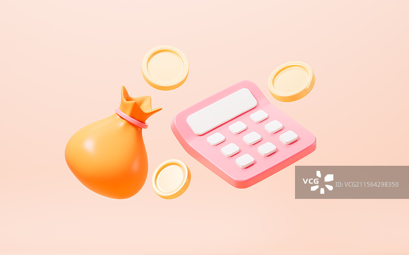 卡通钱袋子和计算器模型3D渲染图片素材