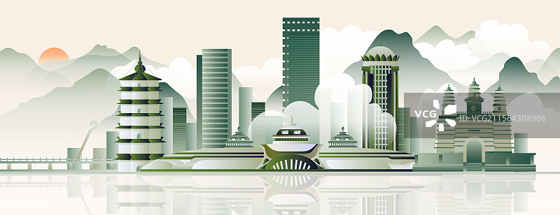 水墨画城市天际线地标建筑新中式国风东方意境云海图片素材