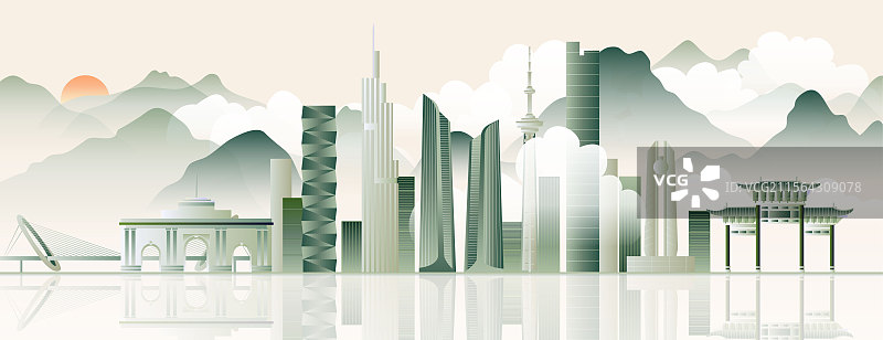 水墨画城市天际线地标建筑新中式国风东方意境云海图片素材