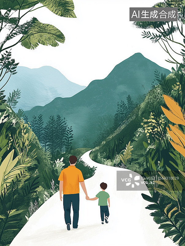【AI数字艺术】父亲牵着孩子背影插画图片素材