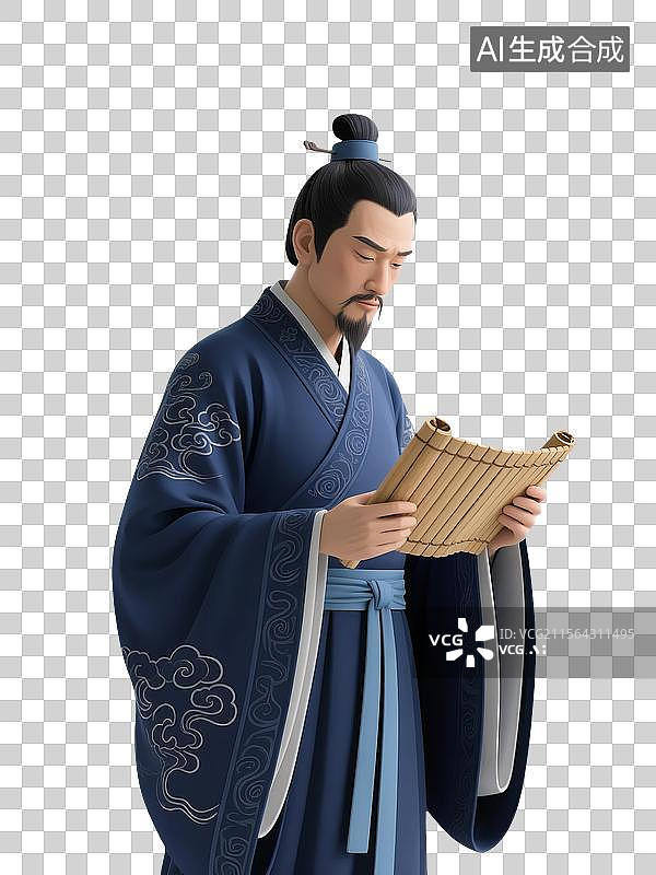 【AI数字艺术】古代人物屈原身穿蓝色长袍手持竹简专注阅读图片素材