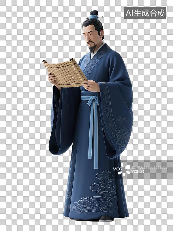 【AI数字艺术】古代人物屈原身穿蓝色长袍手持竹简专注阅读图片素材