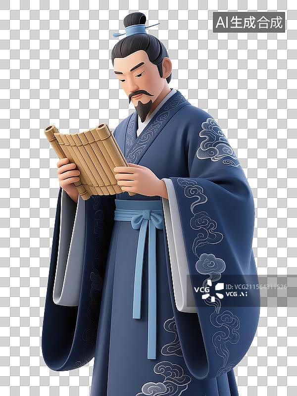【AI数字艺术】古代人物屈原身着蓝色长袍手持竹简专注阅读图片素材
