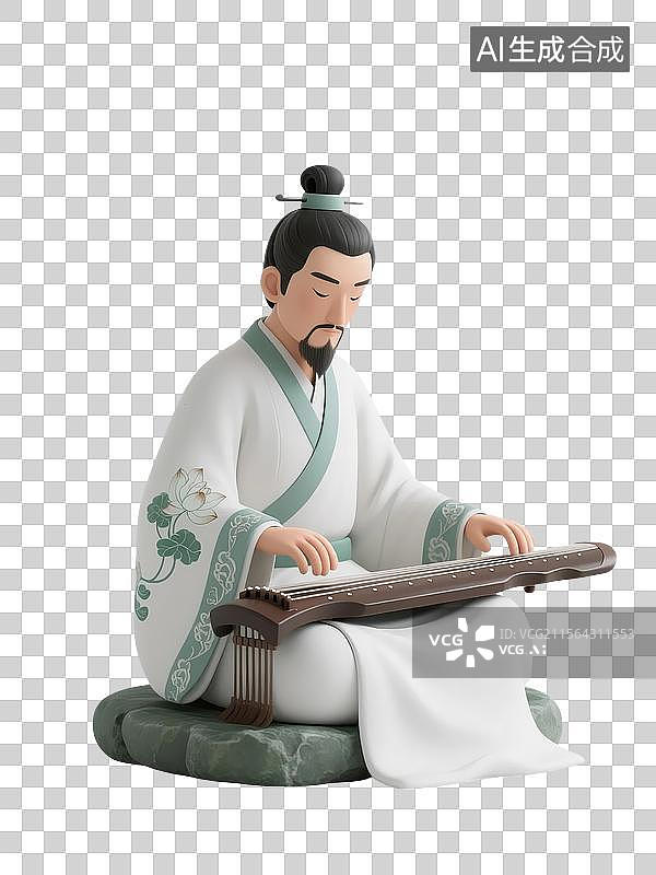 【AI数字艺术】古代人物屈原盘腿而坐弹奏古琴图片素材