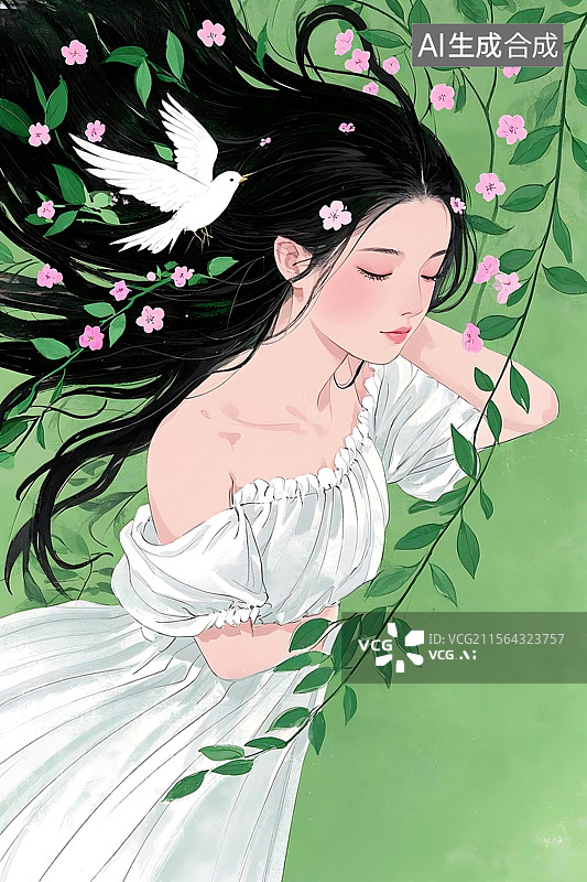 【AI数字艺术】少女与白鸽的梦图片素材