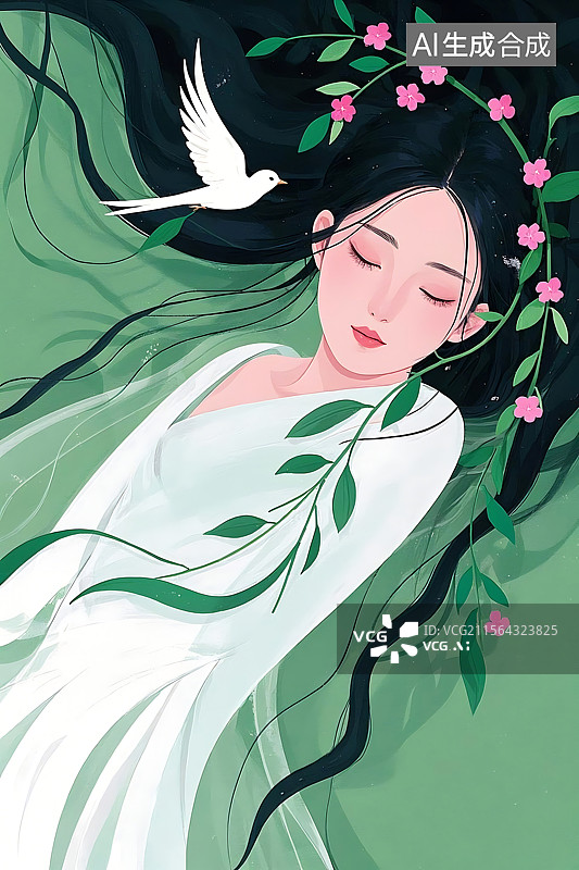 【AI数字艺术】绿意梦境少女图片素材