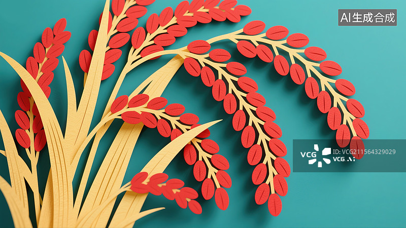 【AI数字艺术】乡村振兴非遗文化艺术剪纸插画丰收红色稻穗吉祥新年寓意农业元素设计海报背景图片素材