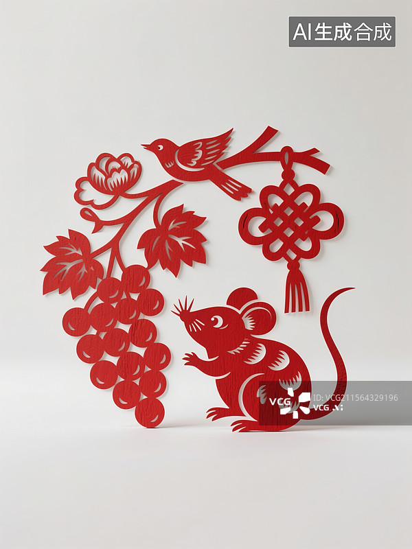 【AI数字艺术】子鼠贺岁非遗文化艺术十二生肖剪纸插画鼠年迎新年机灵可爱的老鼠与葡萄和吉祥符号相伴节日商业海报背景设计图片素材