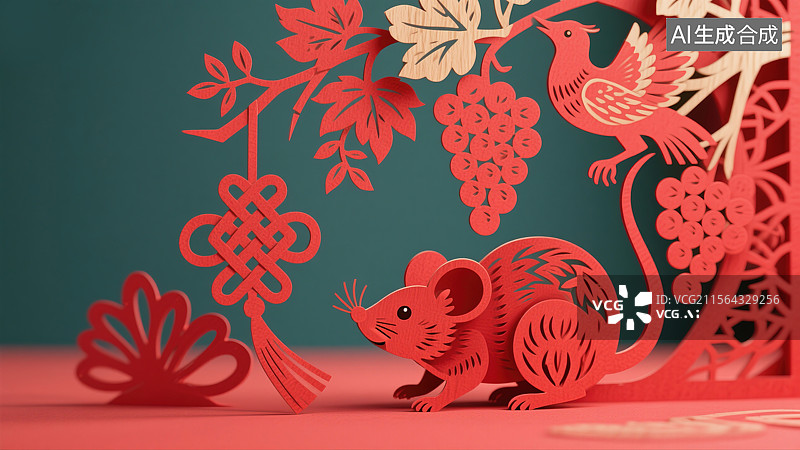 【AI数字艺术】子鼠贺岁非遗文化艺术十二生肖剪纸插画鼠年迎新年机灵可爱的老鼠与葡萄和吉祥符号相伴节日商业海报背景展台图片素材