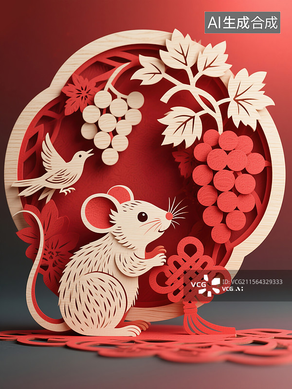 【AI数字艺术】子鼠贺岁非遗文化艺术十二生肖剪纸插画鼠年迎新年机灵可爱的老鼠与葡萄和吉祥符号相伴节日商业海报背景展台图片素材
