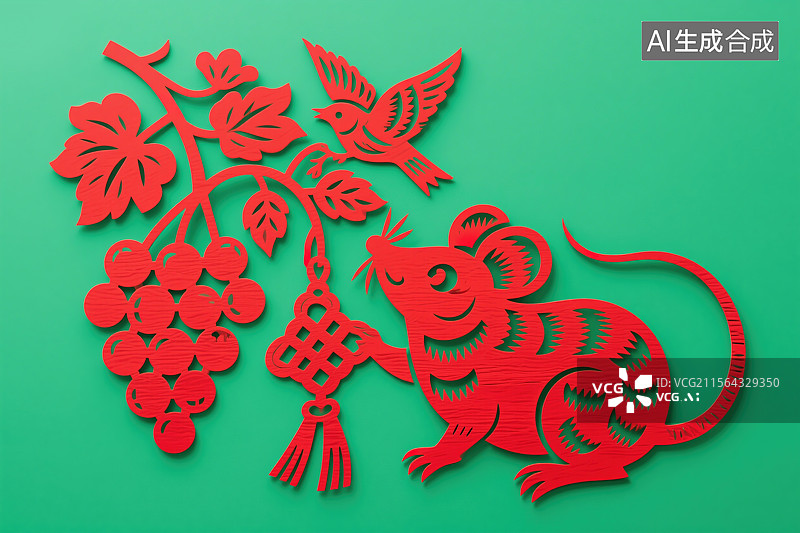 【AI数字艺术】子鼠贺岁非遗文化艺术十二生肖剪纸插画鼠年迎新年机灵可爱的老鼠与葡萄和吉祥符号相伴节日商业海报背景设计图片素材