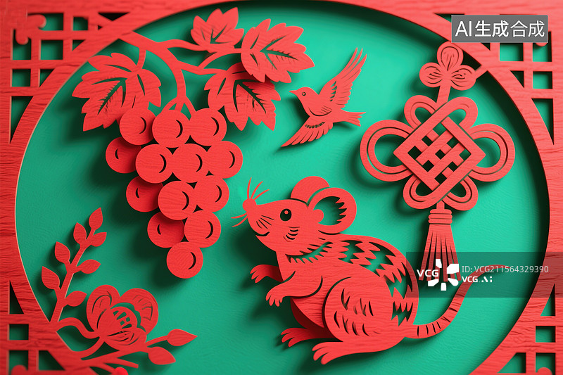 【AI数字艺术】子鼠贺岁非遗文化艺术十二生肖剪纸插画鼠年迎新年机灵可爱的老鼠与葡萄和吉祥符号相伴节日商业海报背景设计图片素材