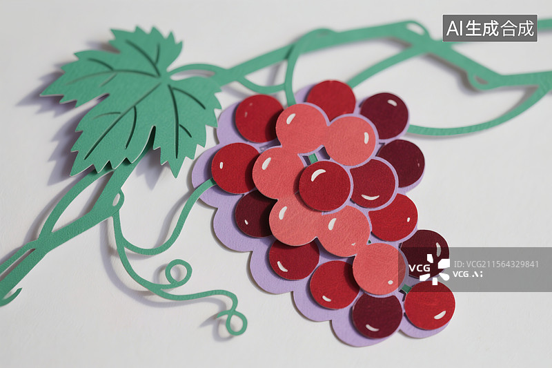 【AI数字艺术】非遗文化艺术精美立体剪纸水果插画传统中国风格的丰润红葡萄与葱郁藤蔓迎中秋节节日海报图片素材