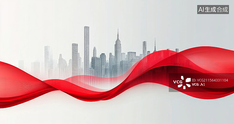 【AI数字艺术】红色波浪线条与城市建筑背景图片素材