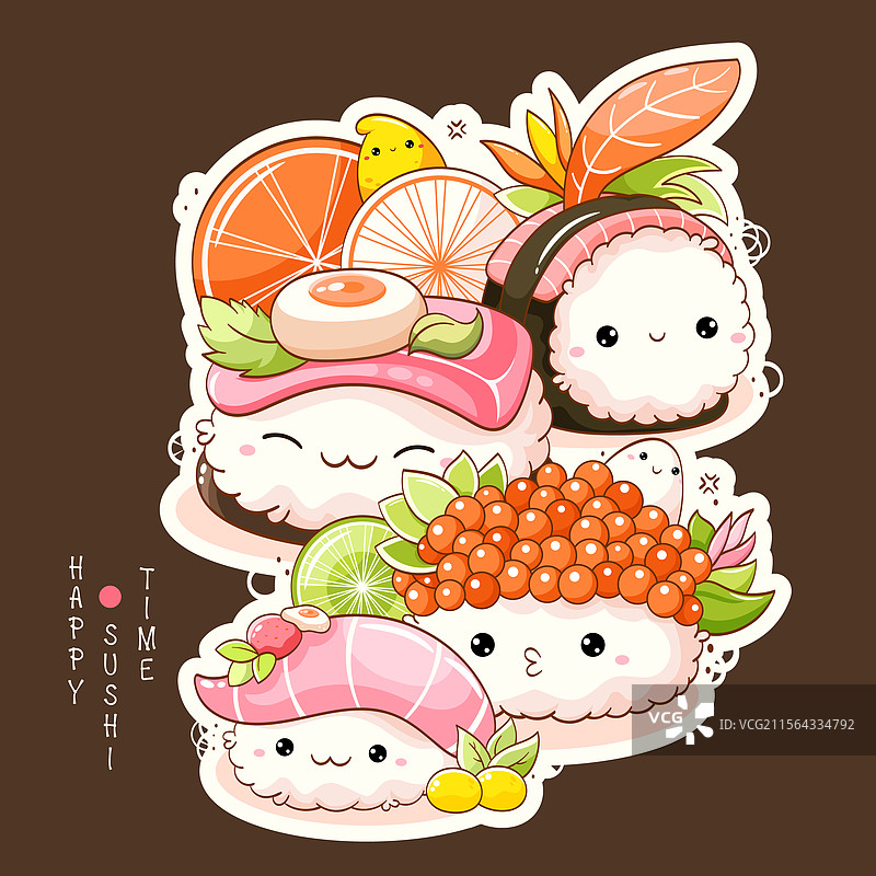 可爱的寿司和卷的卡哇伊风格组合图片素材