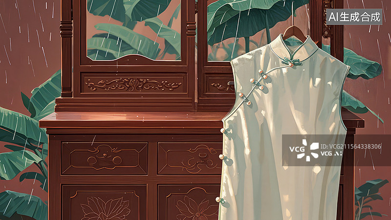 【AI数字艺术】2D卡通居右-白色旗袍挂在木质衣柜前图片素材