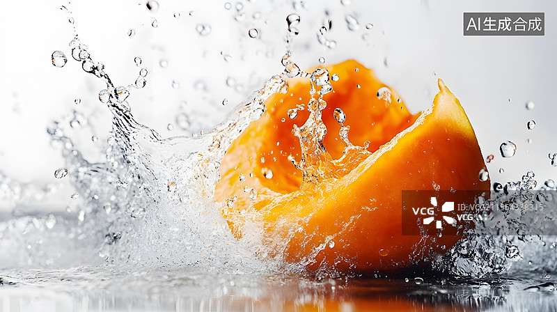 【AI数字艺术】白底木瓜水花飞溅高清特写 商业图片素材