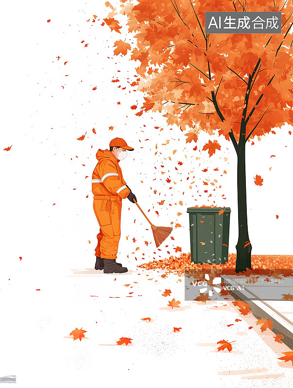 【AI数字艺术】环卫工人清扫大街上的落叶；劳动节海报背景；环卫工人工作场景风格化插画图片素材
