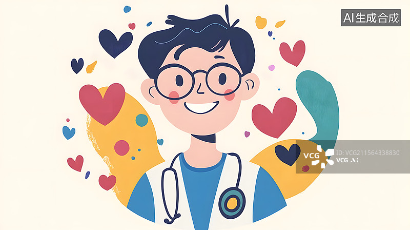 【AI数字艺术】正面微笑的不同年纪职业男孩扁平插画 彩色爱心刘海造型图片素材