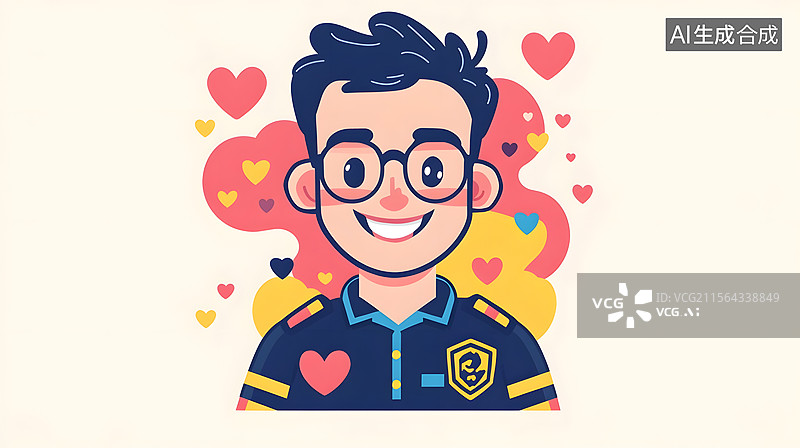 【AI数字艺术】正面微笑的不同年纪职业男孩扁平插画 彩色爱心刘海造型图片素材